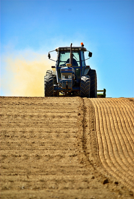 @ Agnès Maillard Tracteur labourant un champ et nimbé de poussière occre